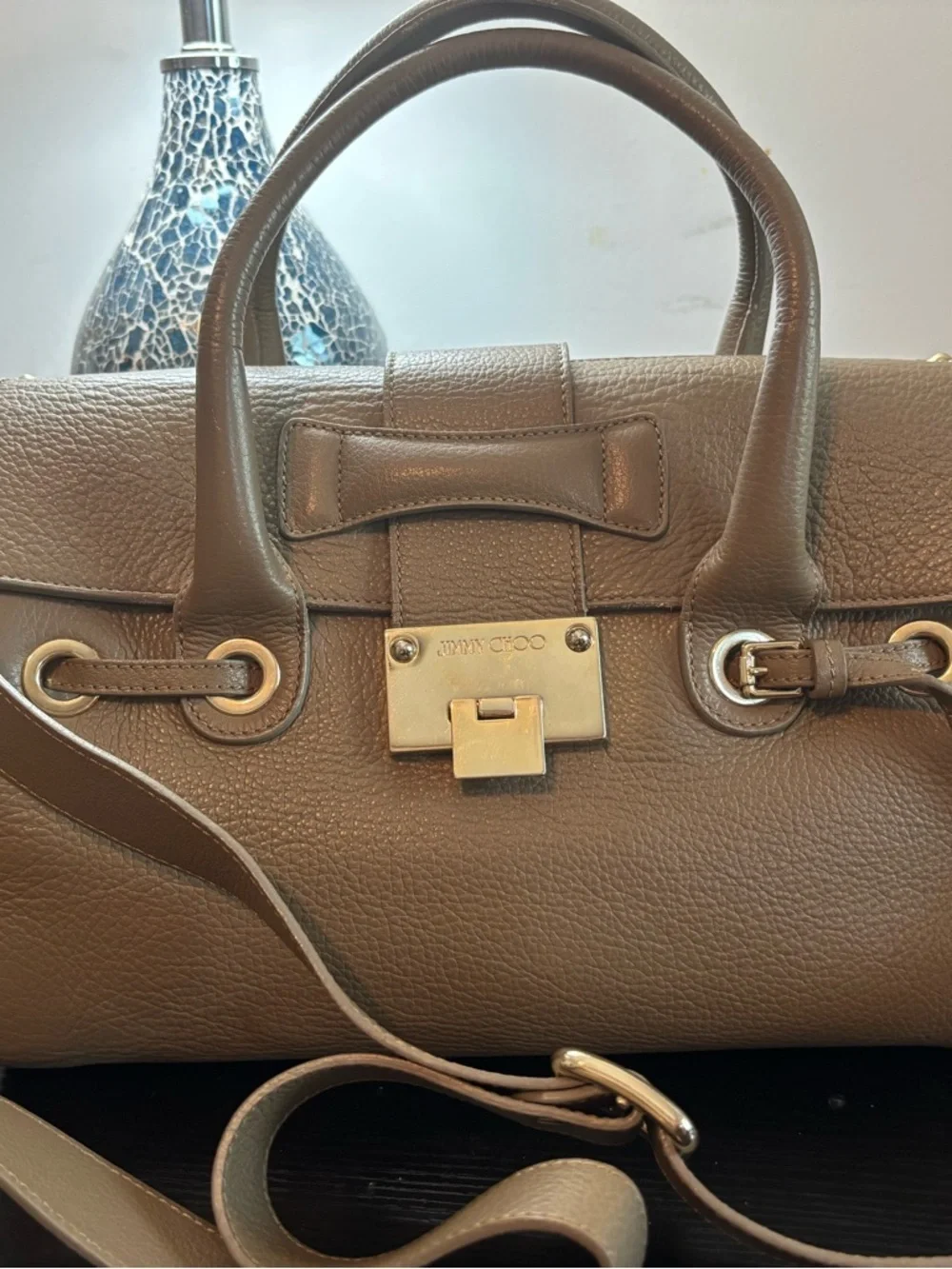 Authentic Jimmy Choo Rosalie Satchel – Camel Grainy Calfskin